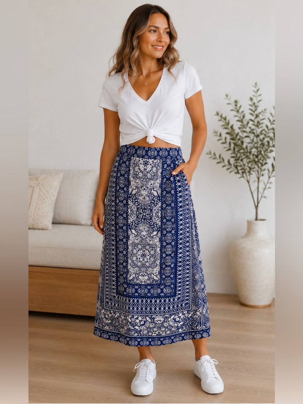 Lucky Brand Boho Navy Printed Midi Skirt